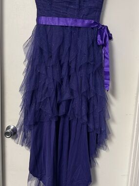 Sparkling Violet Ruffled Tulle Prom Dress with Satin Waist Tie